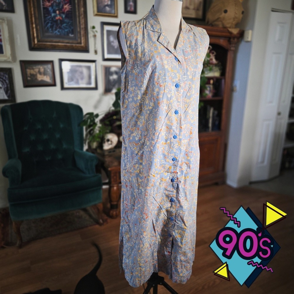 Vintage 90s Blue Ginger Hawaiian Floral Midi Dress Button Front Grunge Soft